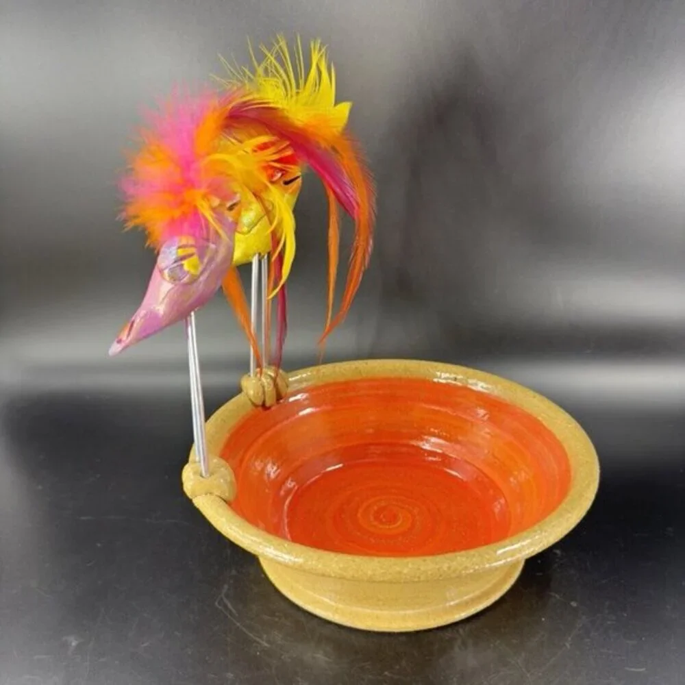 Michna Wolff‎ Pottery Bowl Dish Detachable Birds Signed M Michna Hand Made VTg